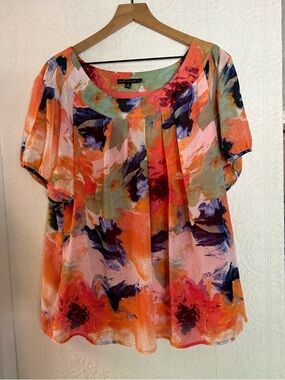 Dana Buchman Multicolor Orange Floral Short Sleeve Blouse